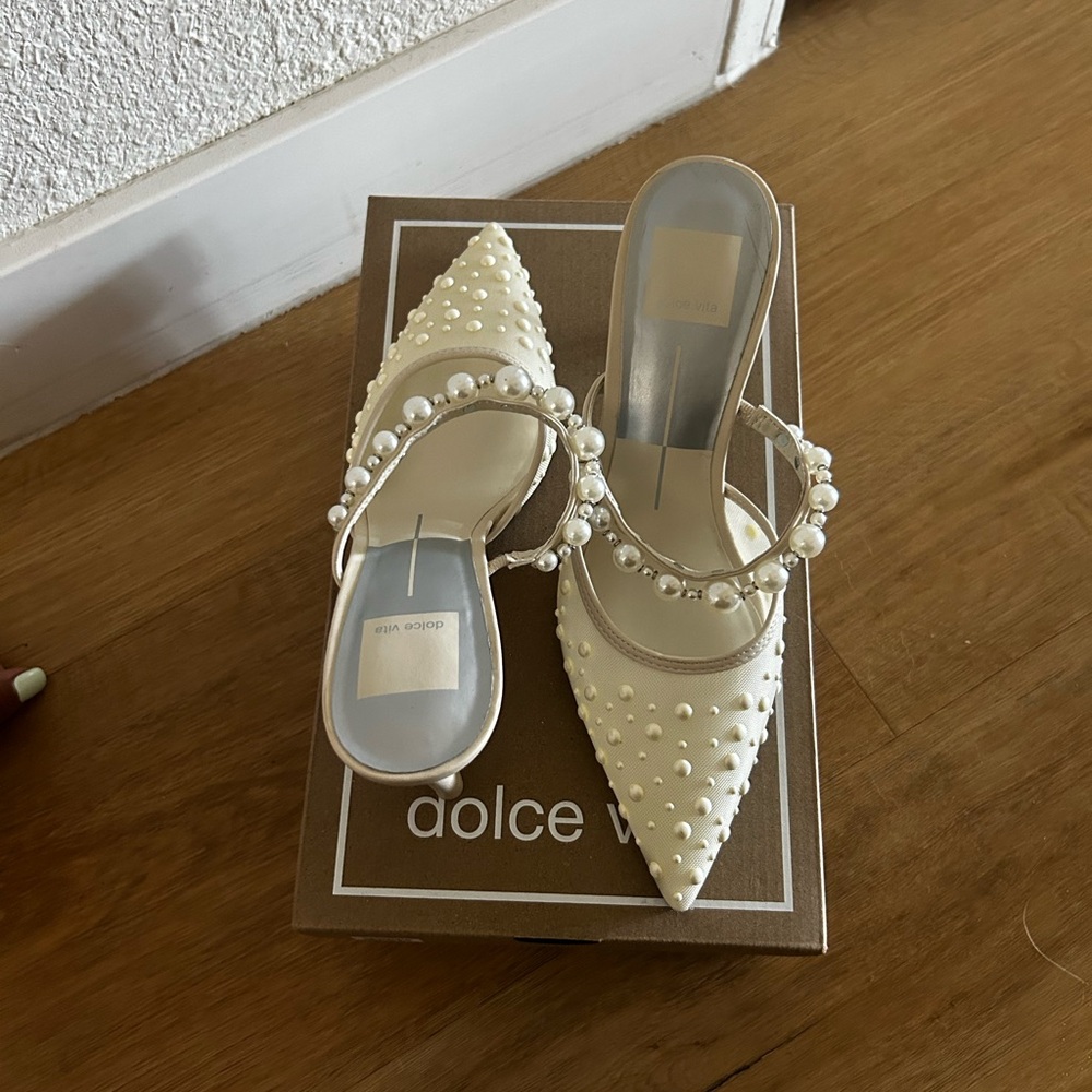 Dolce Vita Cream Stiletto Heels with Studded T-Strap - Picture 2 of 6
